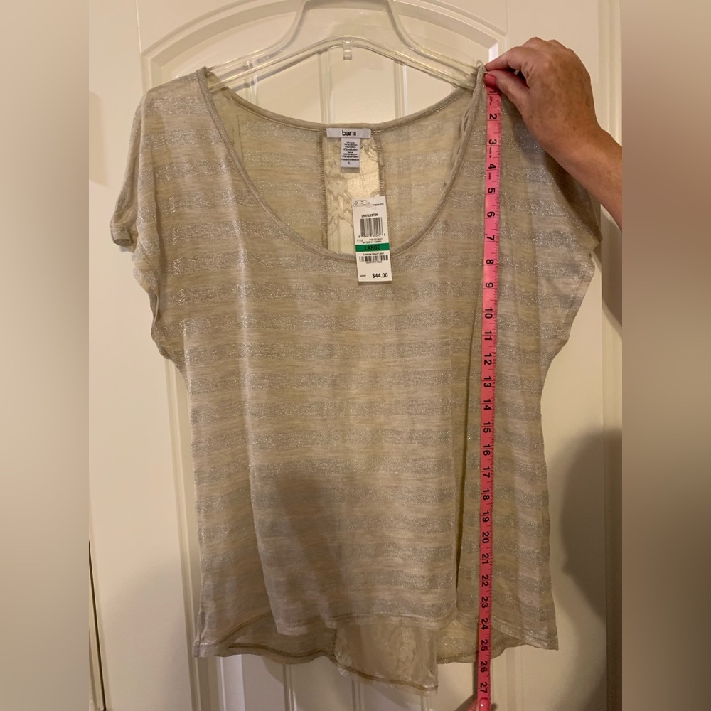 Bar III Women’s Gold Sheer Striped Cap Sleeve Hi-Low Top w/Lace l Large l NWT - Picture 2 of 6